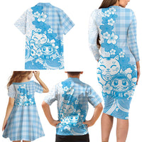 Blue Palaka Hawaiian And Japanese Family Matching Long Sleeve Bodycon Dress and Hawaiian Shirt Maneki Neko And Sakura Bloom