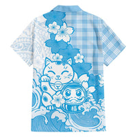 Blue Palaka Hawaiian And Japanese Family Matching Long Sleeve Bodycon Dress and Hawaiian Shirt Maneki Neko And Sakura Bloom
