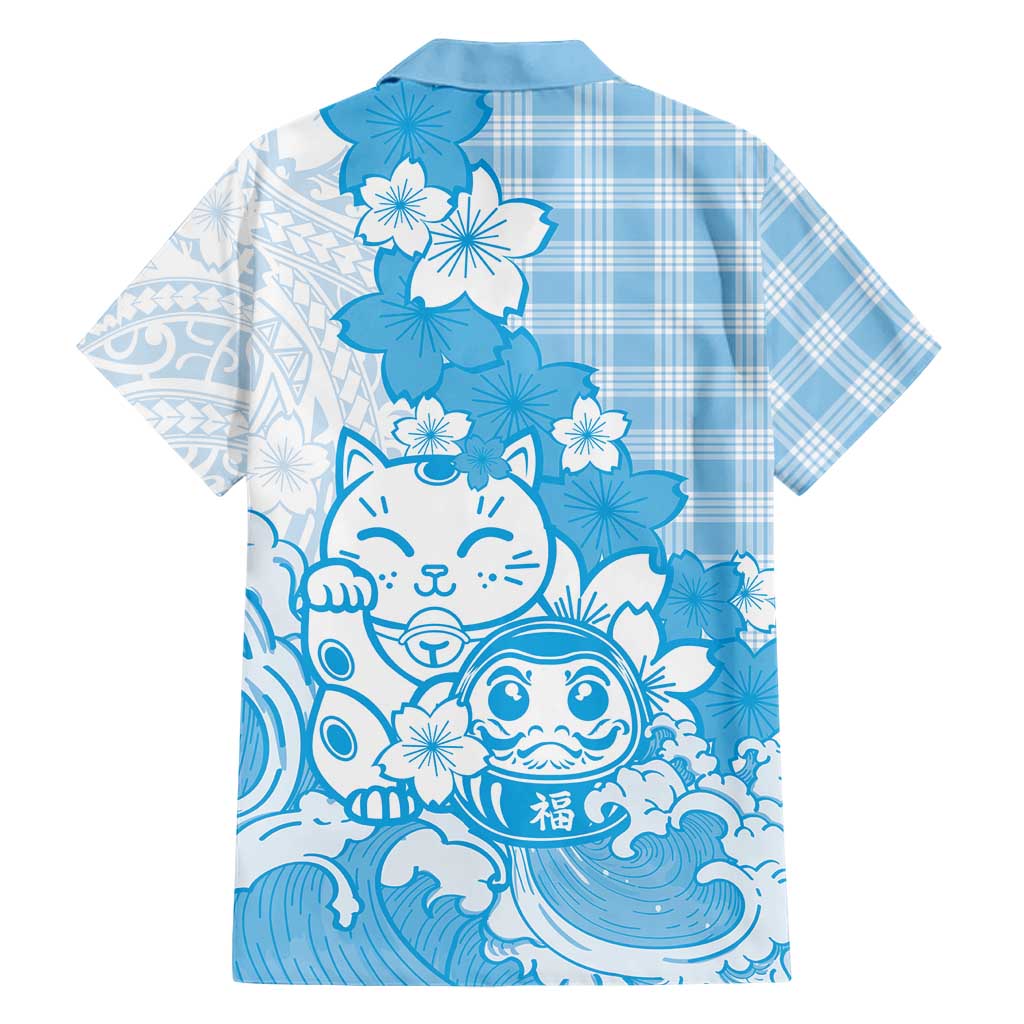 Blue Palaka Hawaiian And Japanese Family Matching Mermaid Dress and Hawaiian Shirt Maneki Neko And Sakura Bloom