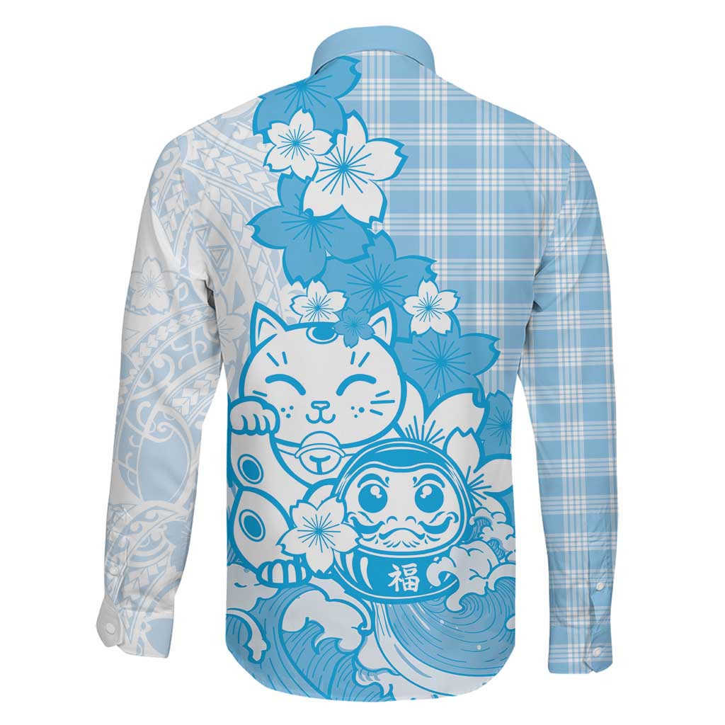Blue Palaka Hawaiian And Japanese Family Matching Mermaid Dress and Hawaiian Shirt Maneki Neko And Sakura Bloom