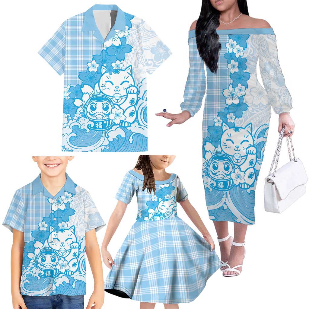 Blue Palaka Hawaiian And Japanese Family Matching Off The Shoulder Long Sleeve Dress and Hawaiian Shirt Maneki Neko And Sakura Bloom