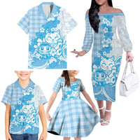 Blue Palaka Hawaiian And Japanese Family Matching Off The Shoulder Long Sleeve Dress and Hawaiian Shirt Maneki Neko And Sakura Bloom
