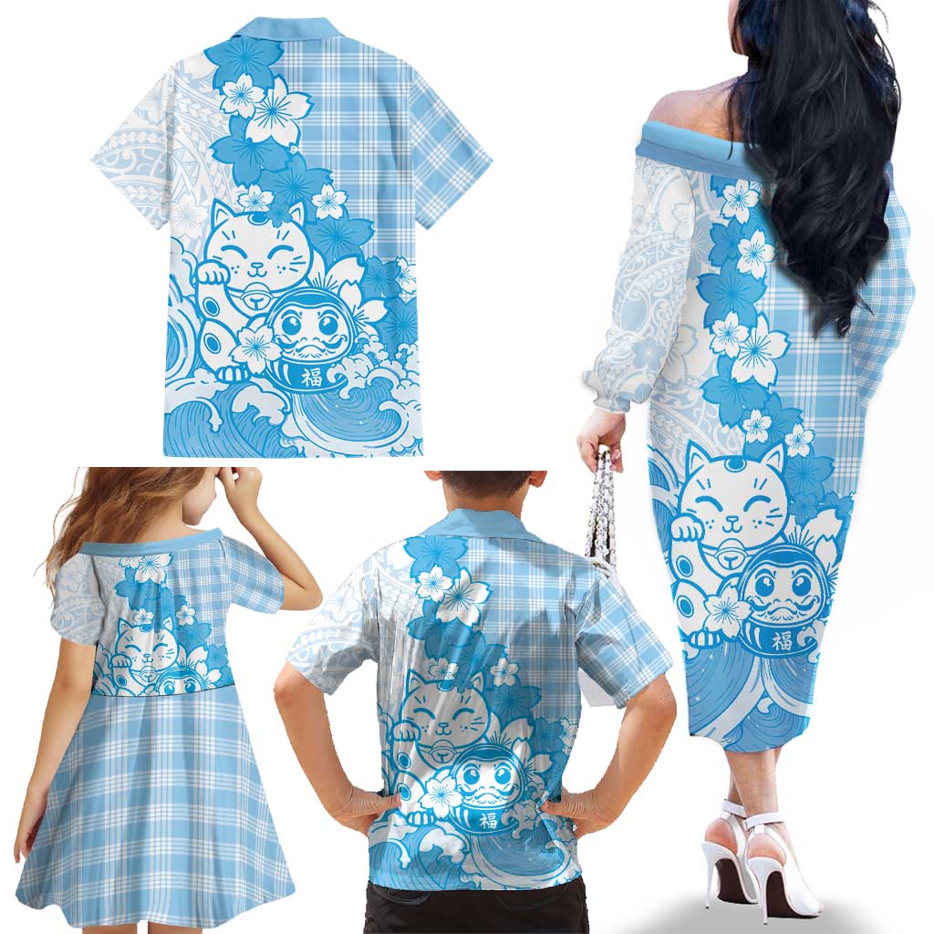 Blue Palaka Hawaiian And Japanese Family Matching Off The Shoulder Long Sleeve Dress and Hawaiian Shirt Maneki Neko And Sakura Bloom