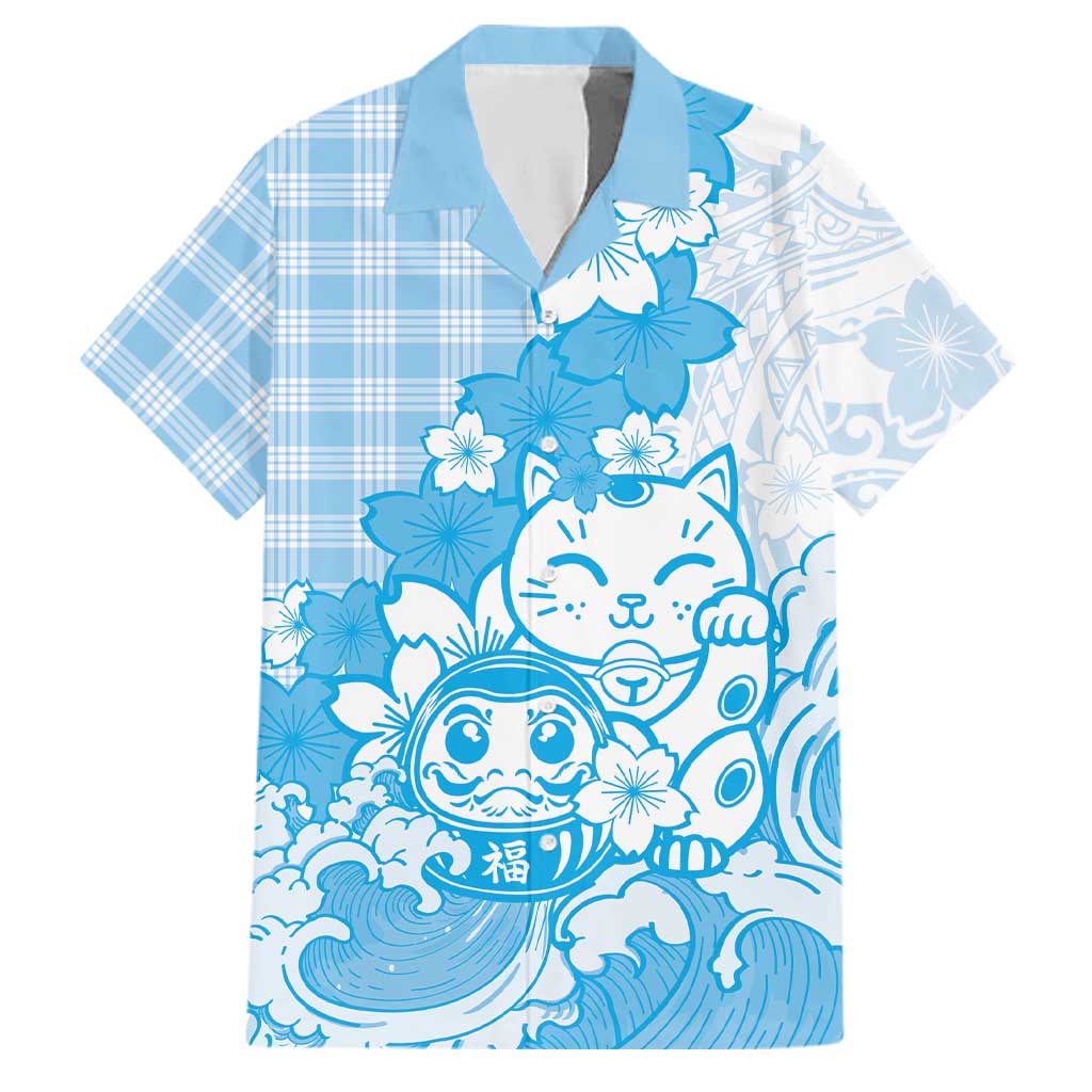 Blue Palaka Hawaiian And Japanese Family Matching Off The Shoulder Long Sleeve Dress and Hawaiian Shirt Maneki Neko And Sakura Bloom