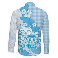 Blue Palaka Hawaiian And Japanese Family Matching Off The Shoulder Long Sleeve Dress and Hawaiian Shirt Maneki Neko And Sakura Bloom