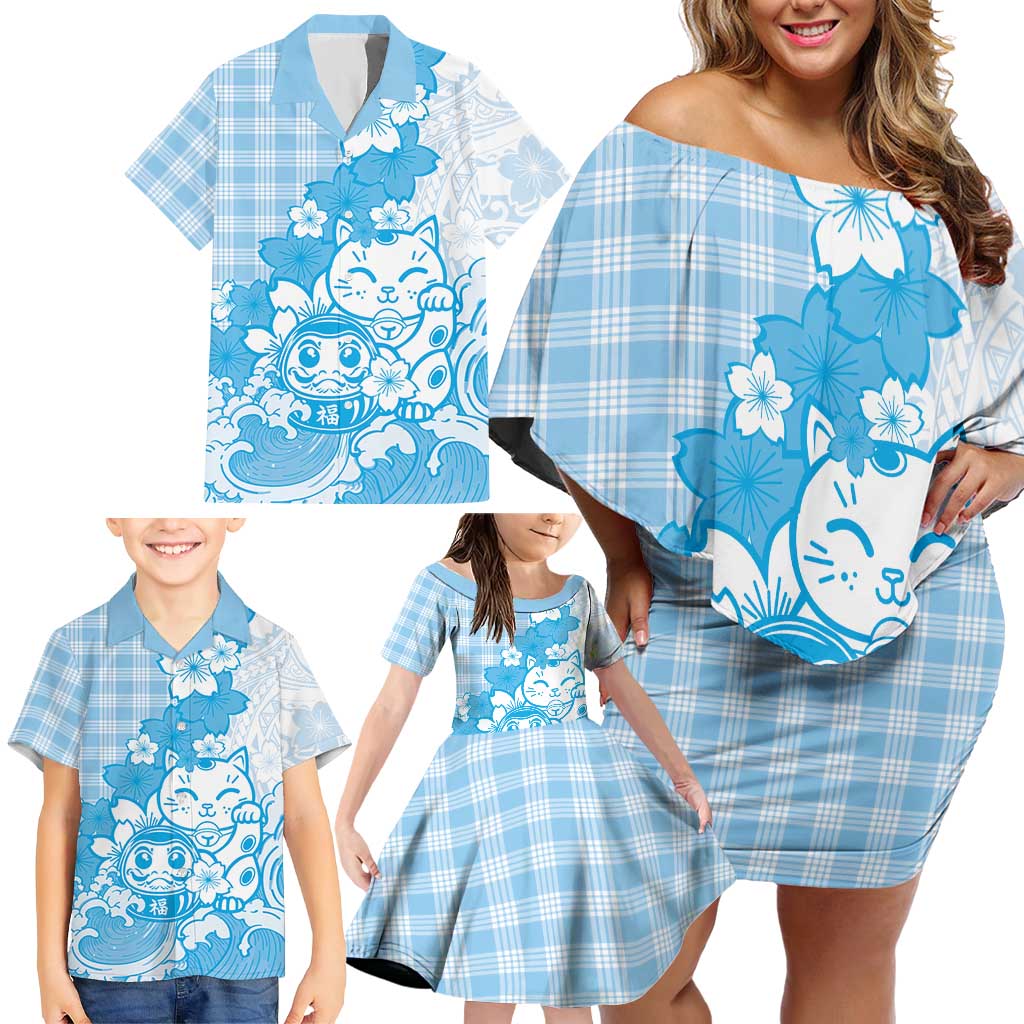 Blue Palaka Hawaiian And Japanese Family Matching Off Shoulder Short Dress and Hawaiian Shirt Maneki Neko And Sakura Bloom