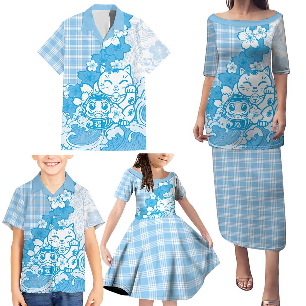Blue Palaka Hawaiian And Japanese Family Matching Puletasi and Hawaiian Shirt Maneki Neko And Sakura Bloom