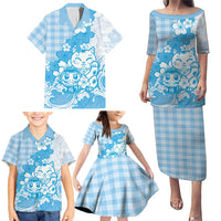 Blue Palaka Hawaiian And Japanese Family Matching Puletasi and Hawaiian Shirt Maneki Neko And Sakura Bloom