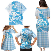 Blue Palaka Hawaiian And Japanese Family Matching Puletasi and Hawaiian Shirt Maneki Neko And Sakura Bloom