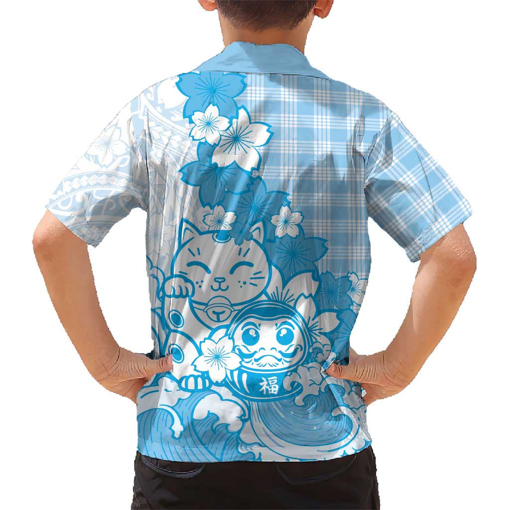 Blue Palaka Hawaiian And Japanese Family Matching Short Sleeve Bodycon Dress and Hawaiian Shirt Maneki Neko And Sakura Bloom