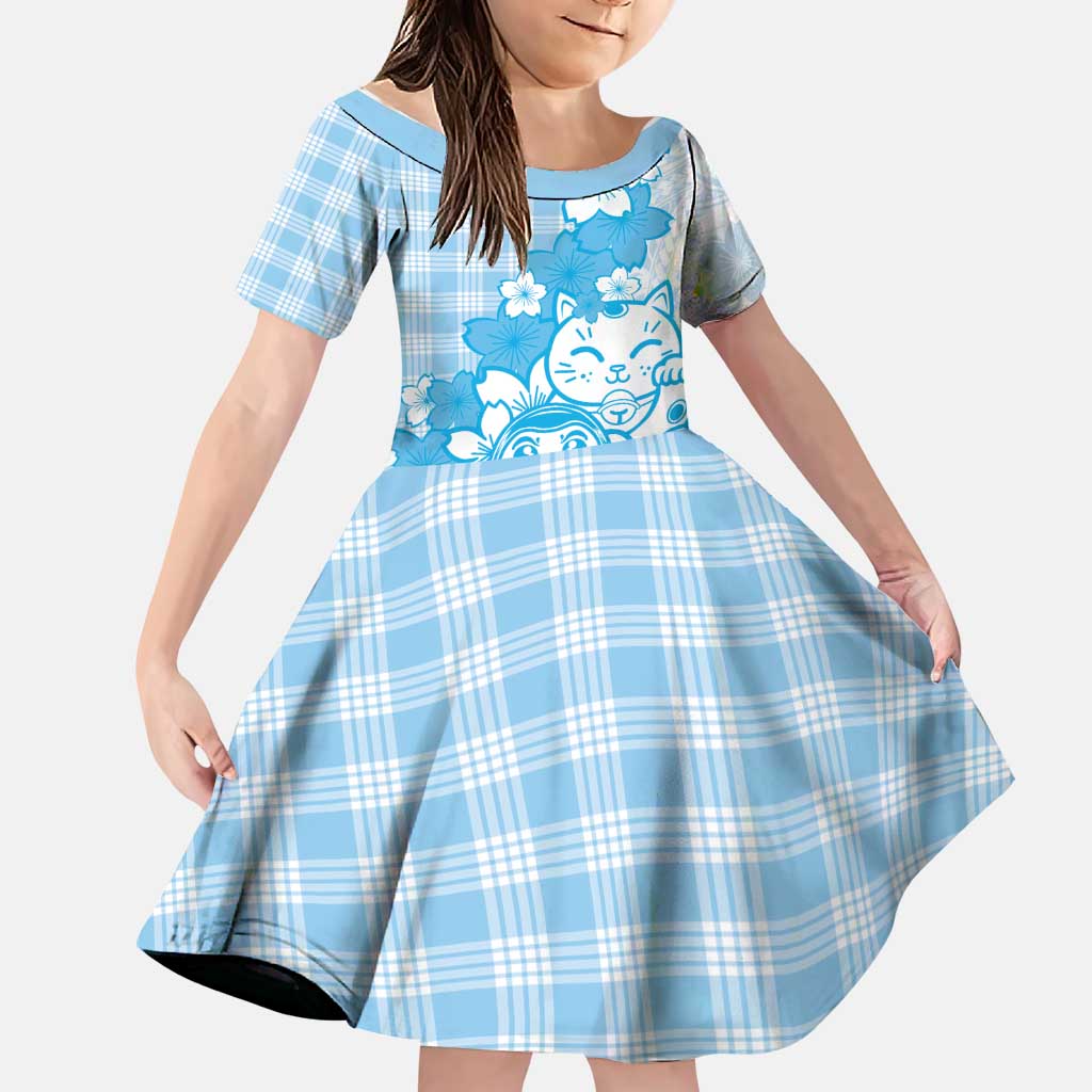 Blue Palaka Hawaiian And Japanese Family Matching Short Sleeve Bodycon Dress and Hawaiian Shirt Maneki Neko And Sakura Bloom