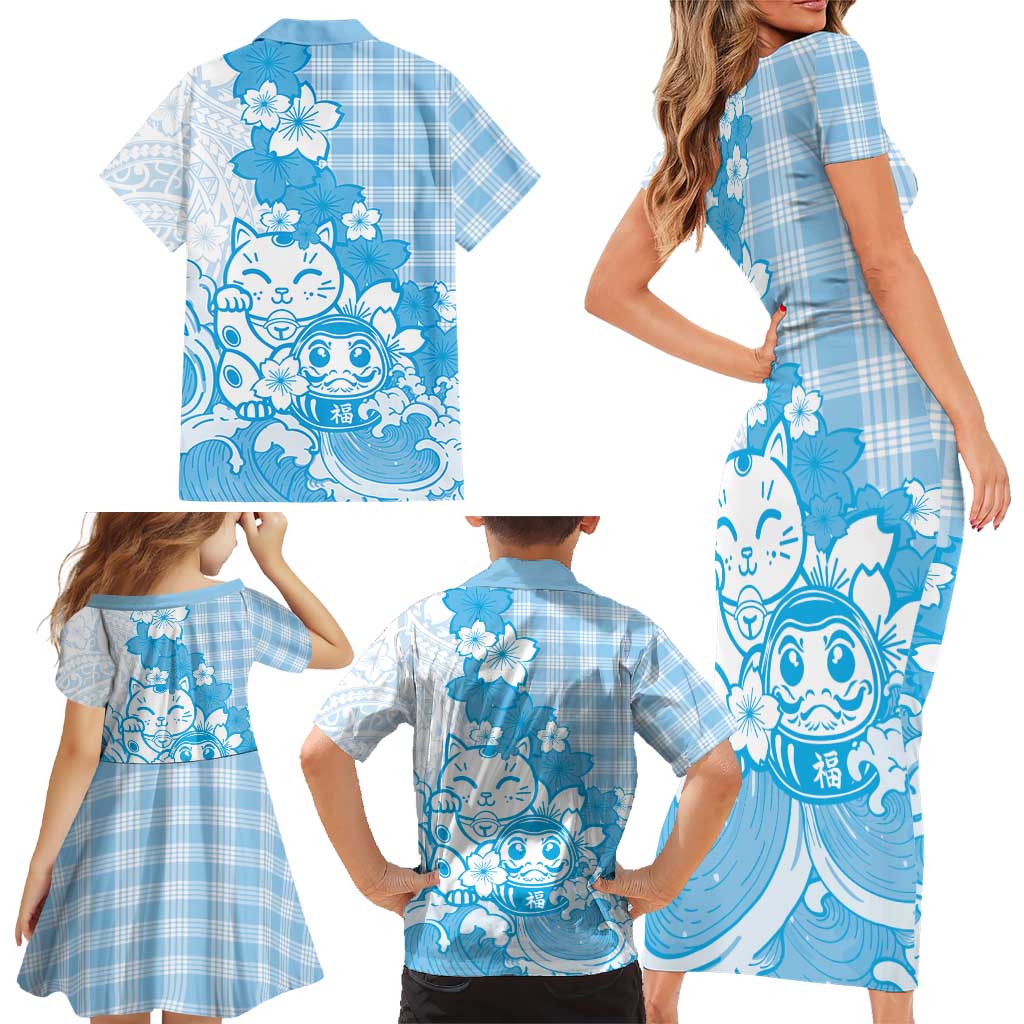 Blue Palaka Hawaiian And Japanese Family Matching Short Sleeve Bodycon Dress and Hawaiian Shirt Maneki Neko And Sakura Bloom