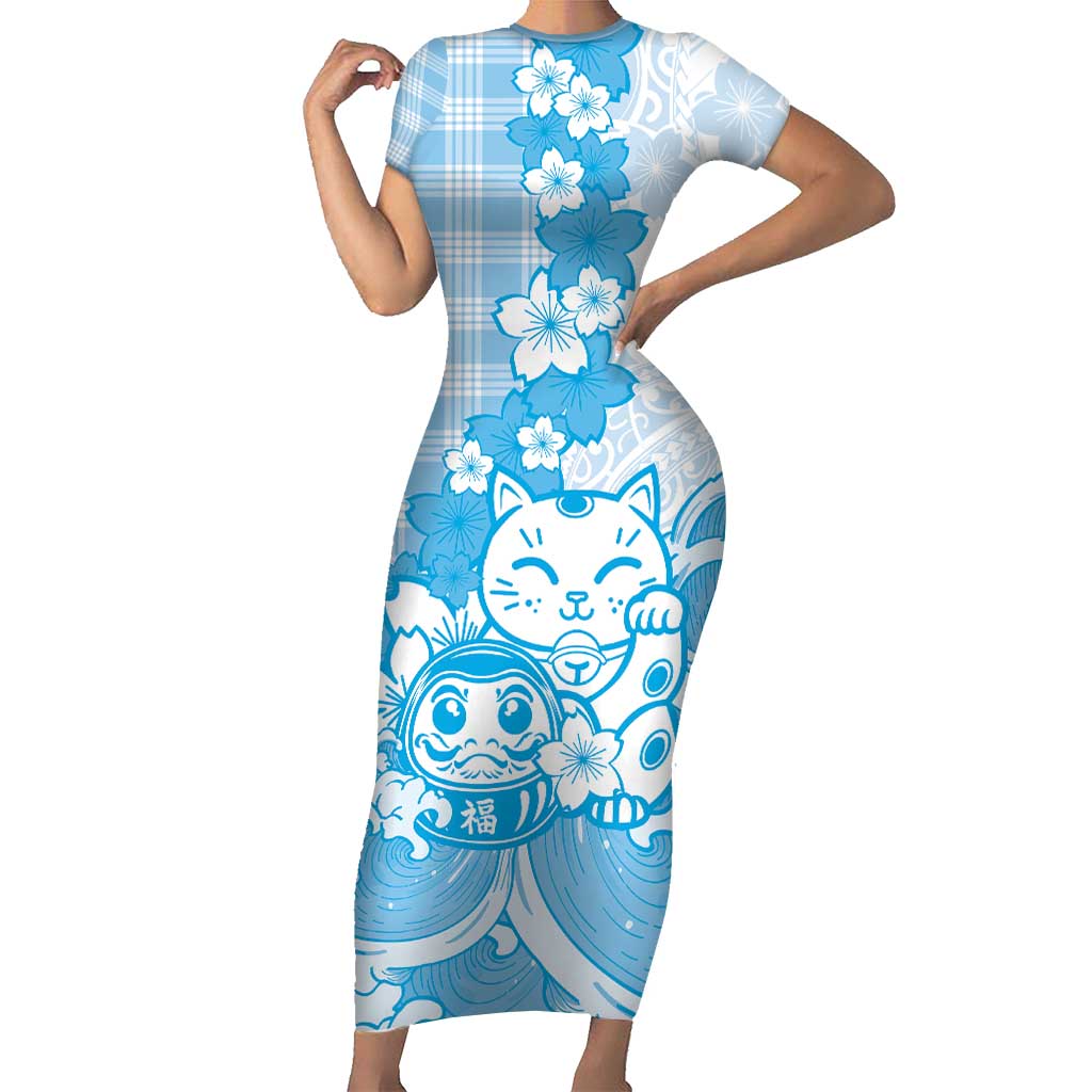 Blue Palaka Hawaiian And Japanese Family Matching Short Sleeve Bodycon Dress and Hawaiian Shirt Maneki Neko And Sakura Bloom