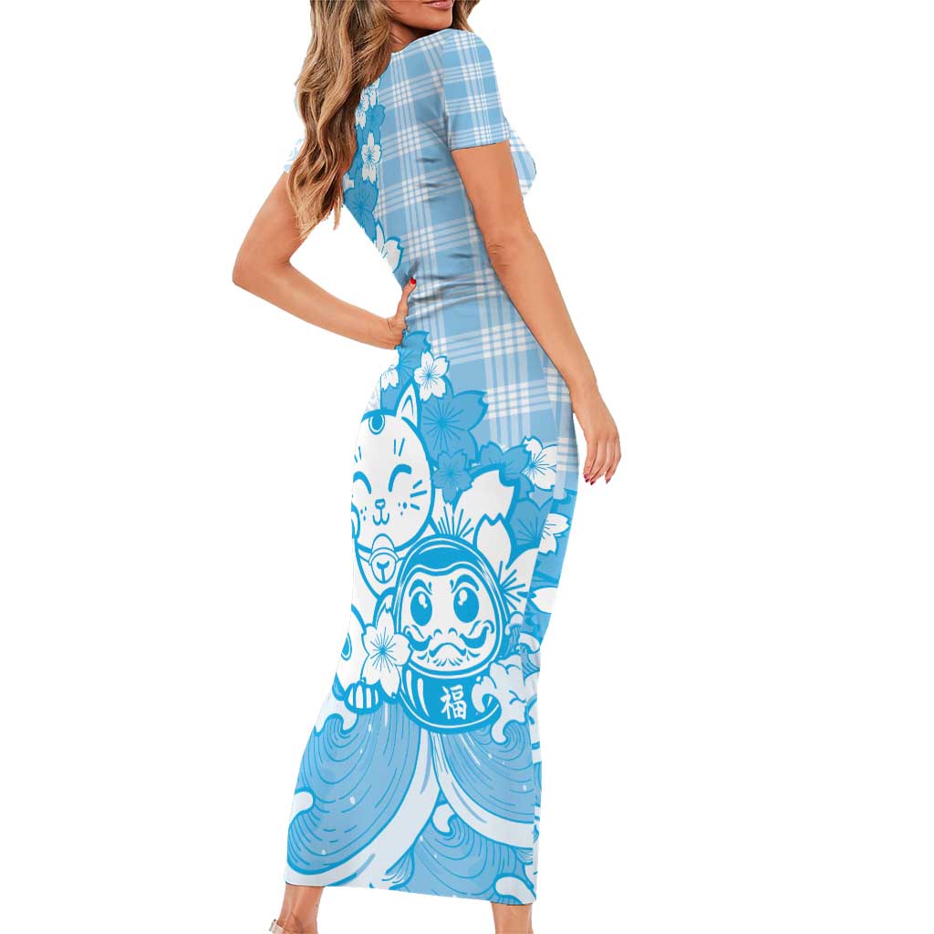 Blue Palaka Hawaiian And Japanese Family Matching Short Sleeve Bodycon Dress and Hawaiian Shirt Maneki Neko And Sakura Bloom