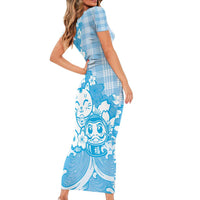 Blue Palaka Hawaiian And Japanese Family Matching Short Sleeve Bodycon Dress and Hawaiian Shirt Maneki Neko And Sakura Bloom