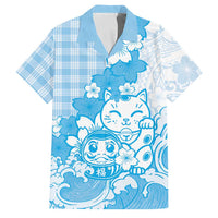 Blue Palaka Hawaiian And Japanese Family Matching Summer Maxi Dress and Hawaiian Shirt Maneki Neko And Sakura Bloom