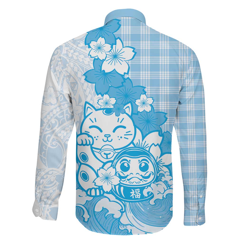 Blue Palaka Hawaiian And Japanese Family Matching Summer Maxi Dress and Hawaiian Shirt Maneki Neko And Sakura Bloom