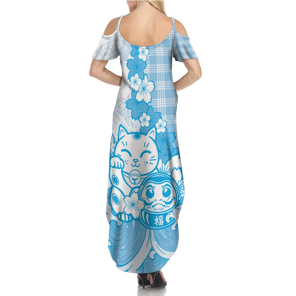 Blue Palaka Hawaiian And Japanese Family Matching Summer Maxi Dress and Hawaiian Shirt Maneki Neko And Sakura Bloom