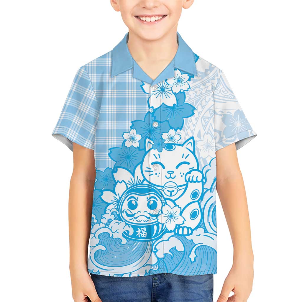 Blue Palaka Hawaiian And Japanese Family Matching Summer Maxi Dress and Hawaiian Shirt Maneki Neko And Sakura Bloom