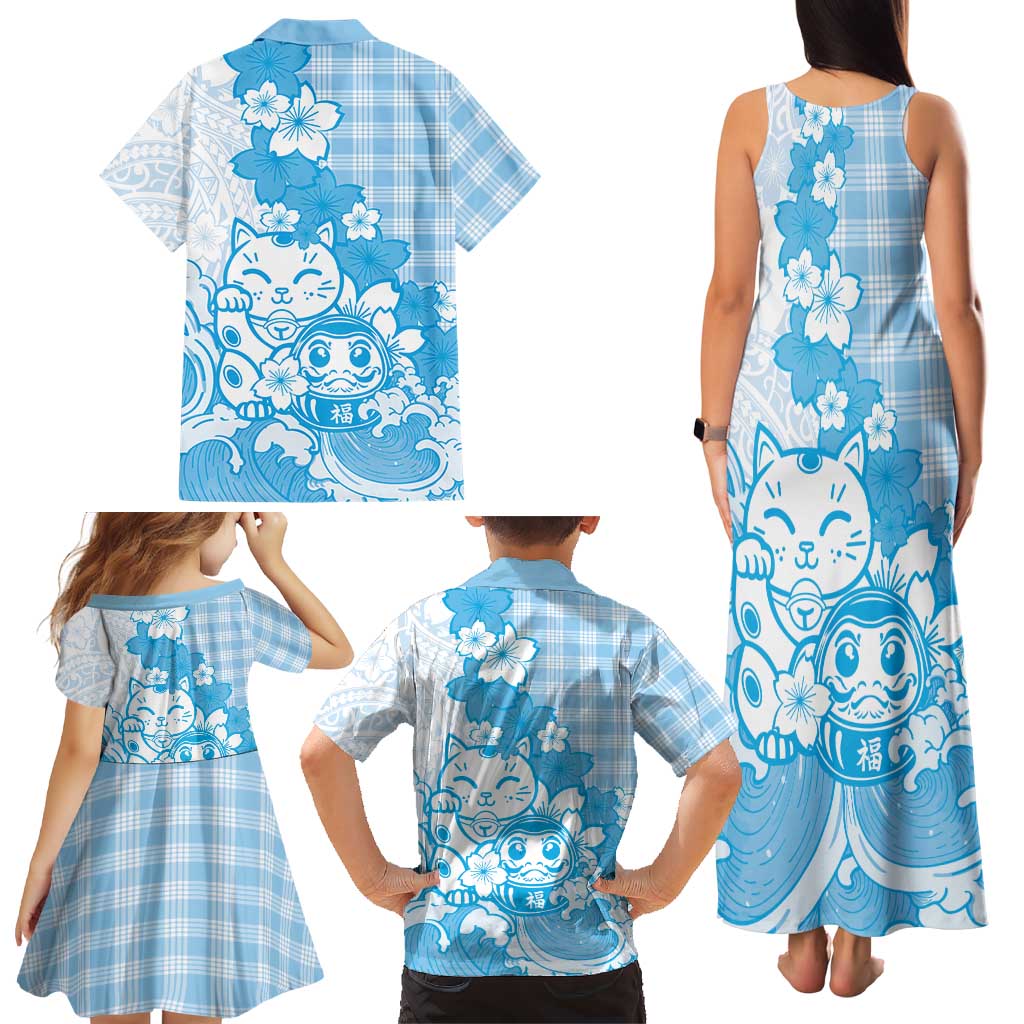 Blue Palaka Hawaiian And Japanese Family Matching Tank Maxi Dress and Hawaiian Shirt Maneki Neko And Sakura Bloom