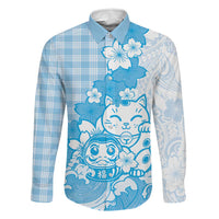 Blue Palaka Hawaiian And Japanese Family Matching Tank Maxi Dress and Hawaiian Shirt Maneki Neko And Sakura Bloom