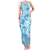 Blue Palaka Hawaiian And Japanese Family Matching Tank Maxi Dress and Hawaiian Shirt Maneki Neko And Sakura Bloom