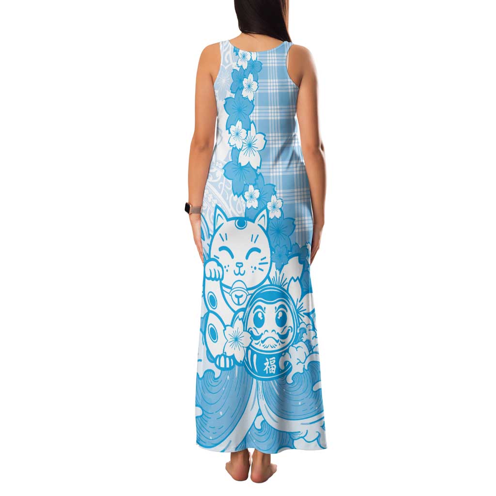 Blue Palaka Hawaiian And Japanese Family Matching Tank Maxi Dress and Hawaiian Shirt Maneki Neko And Sakura Bloom