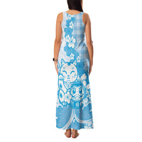 Blue Palaka Hawaiian And Japanese Family Matching Tank Maxi Dress and Hawaiian Shirt Maneki Neko And Sakura Bloom