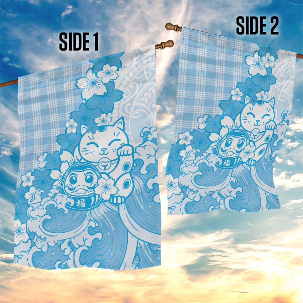 Blue Palaka Hawaiian And Japanese Garden Flag Maneki Neko And Sakura Bloom