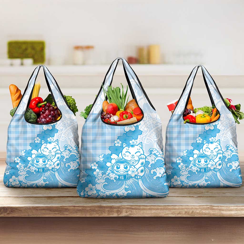 Blue Palaka Hawaiian And Japanese Grocery Bag Maneki Neko And Sakura Bloom DT05 3-pack One Size Blue - Polynesian Pride
