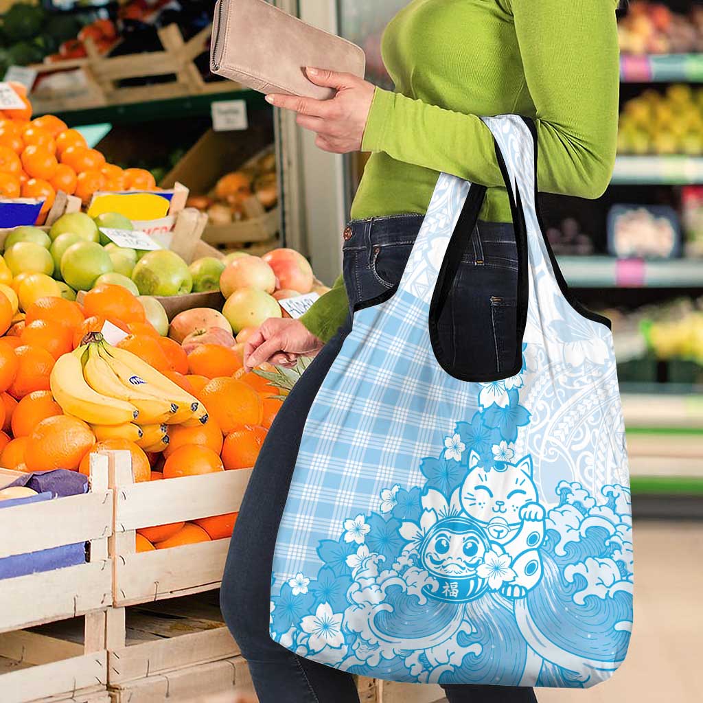 Blue Palaka Hawaiian And Japanese Grocery Bag Maneki Neko And Sakura Bloom DT05 - Polynesian Pride