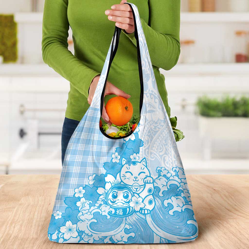 Blue Palaka Hawaiian And Japanese Grocery Bag Maneki Neko And Sakura Bloom DT05 - Polynesian Pride