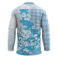 Blue Palaka Hawaiian And Japanese Hockey Jersey Maneki Neko And Sakura Bloom