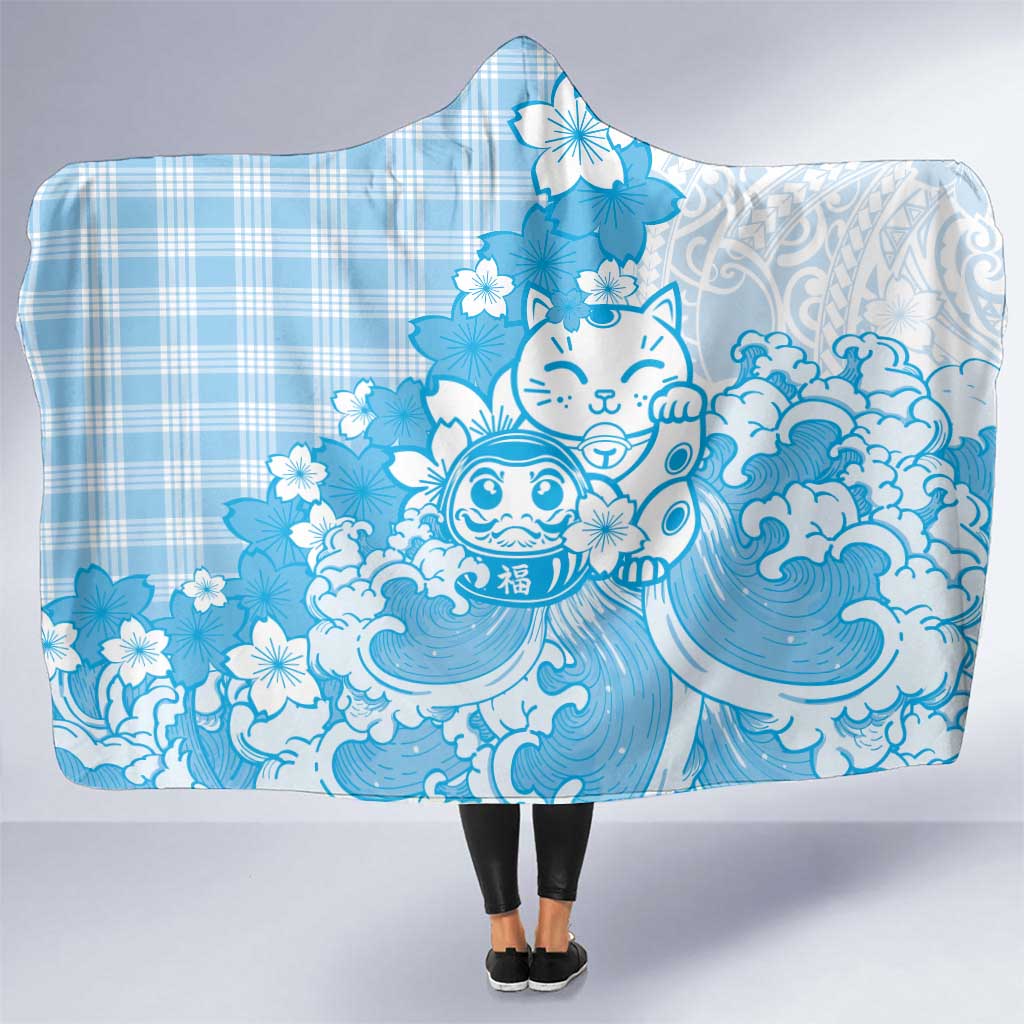 Blue Palaka Hawaiian And Japanese Hooded Blanket Maneki Neko And Sakura Bloom DT05 One Size Blue - Polynesian Pride