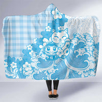 Blue Palaka Hawaiian And Japanese Hooded Blanket Maneki Neko And Sakura Bloom DT05 One Size Blue - Polynesian Pride