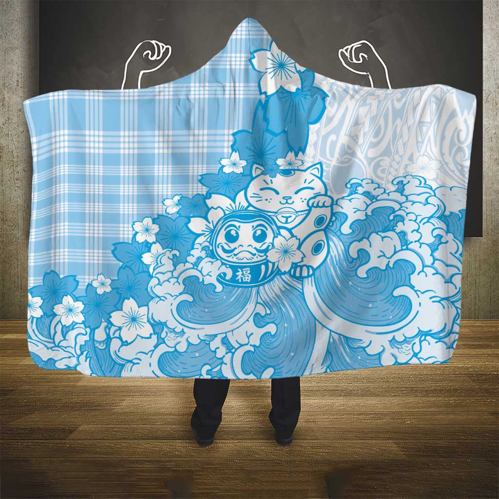 Blue Palaka Hawaiian And Japanese Hooded Blanket Maneki Neko And Sakura Bloom DT05 - Polynesian Pride