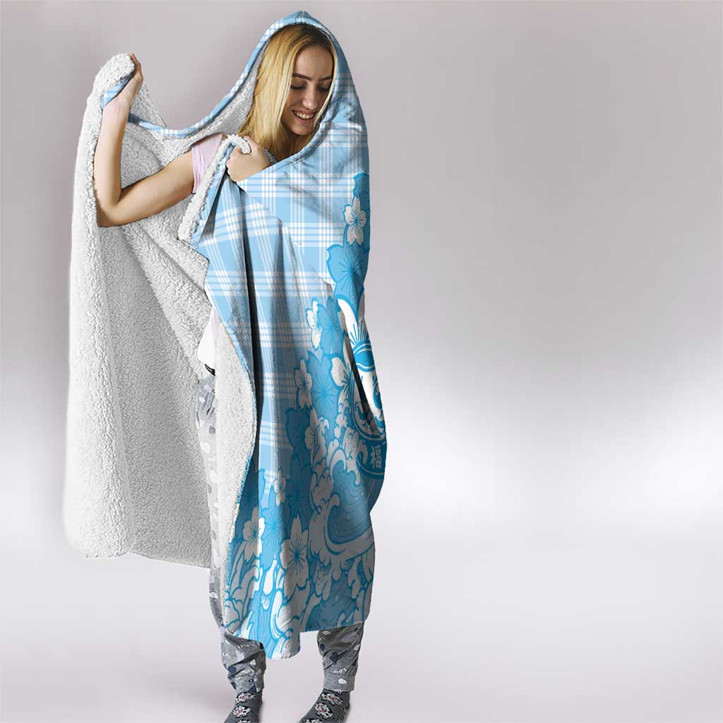 Blue Palaka Hawaiian And Japanese Hooded Blanket Maneki Neko And Sakura Bloom DT05 - Polynesian Pride