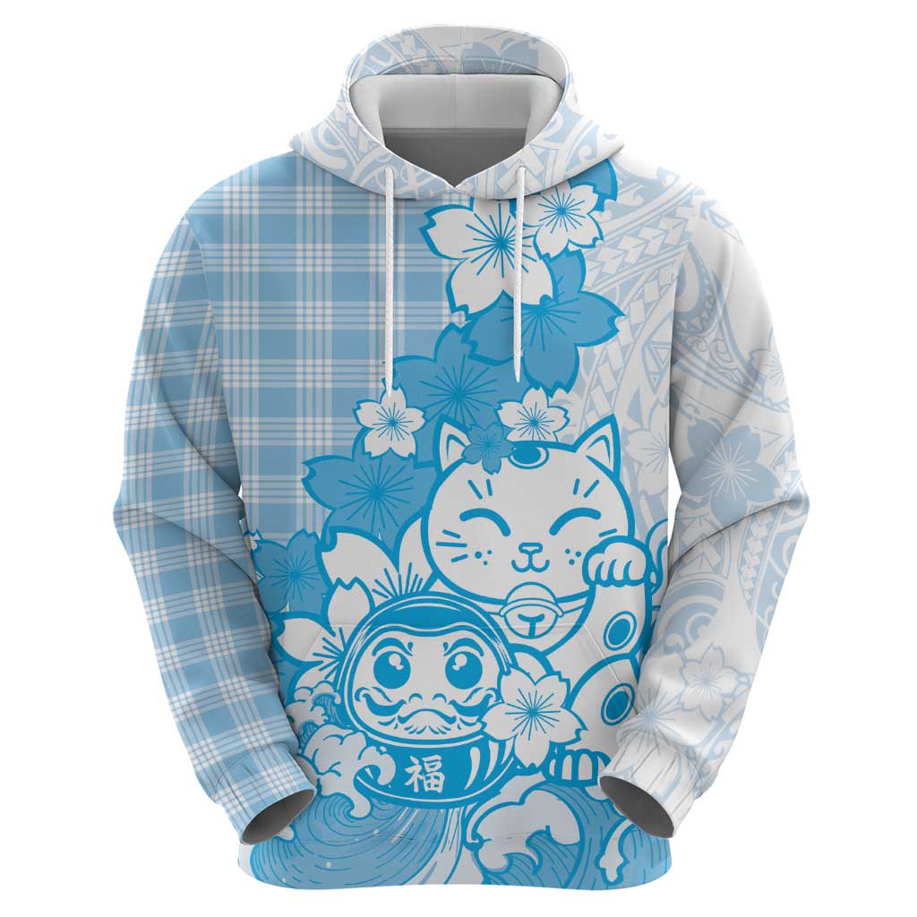 Blue Palaka Hawaiian And Japanese Hoodie Maneki Neko And Sakura Bloom
