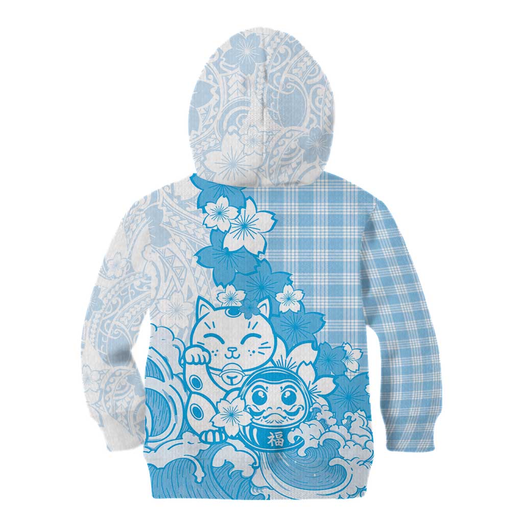 Blue Palaka Hawaiian And Japanese Kid Hoodie Maneki Neko And Sakura Bloom
