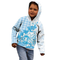 Blue Palaka Hawaiian And Japanese Kid Hoodie Maneki Neko And Sakura Bloom