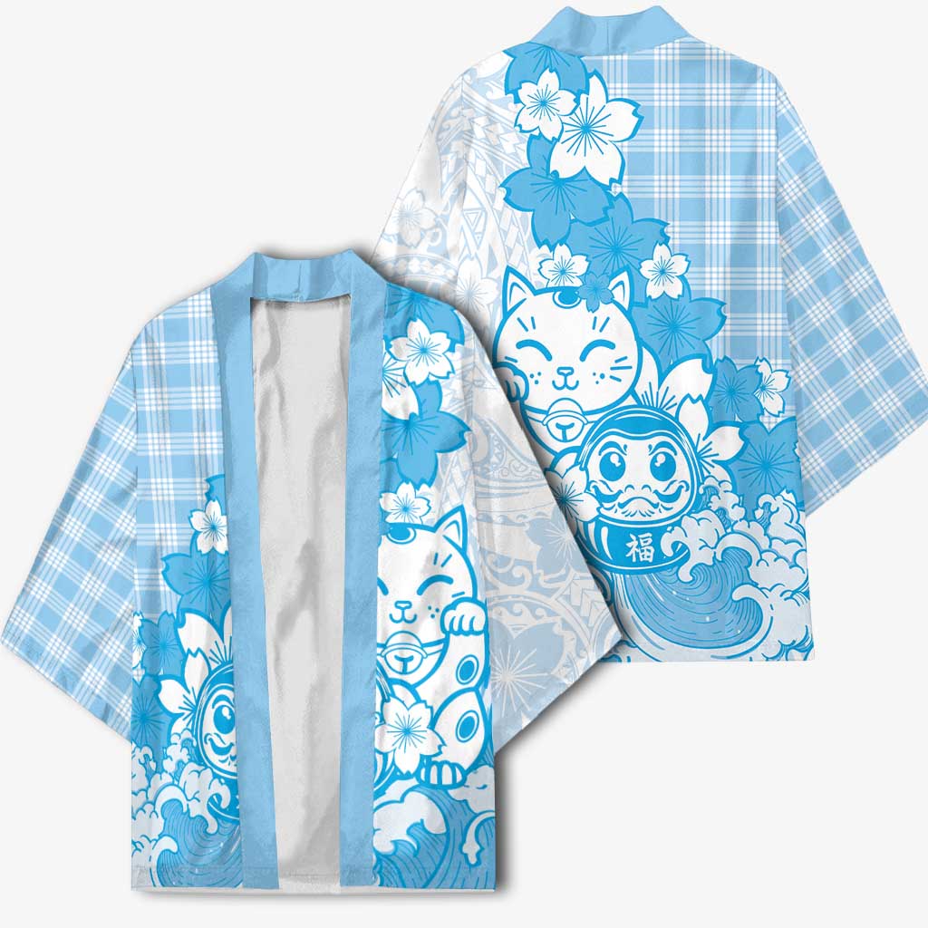 Blue Palaka Hawaiian And Japanese Kimono Maneki Neko And Sakura Bloom