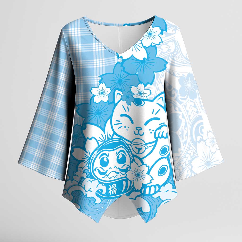 Blue Palaka Hawaiian And Japanese Kimono Sleeve Blouse Maneki Neko And Sakura Bloom