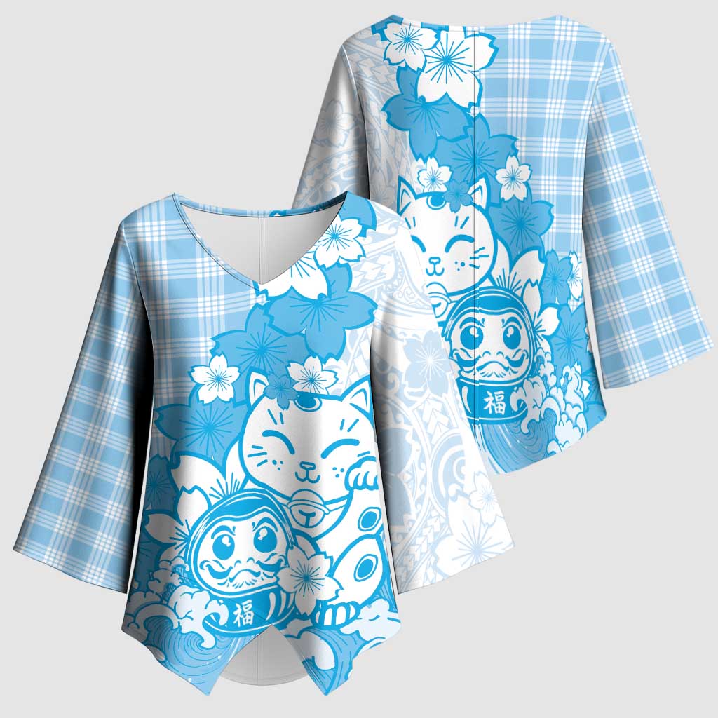Blue Palaka Hawaiian And Japanese Kimono Sleeve Blouse Maneki Neko And Sakura Bloom