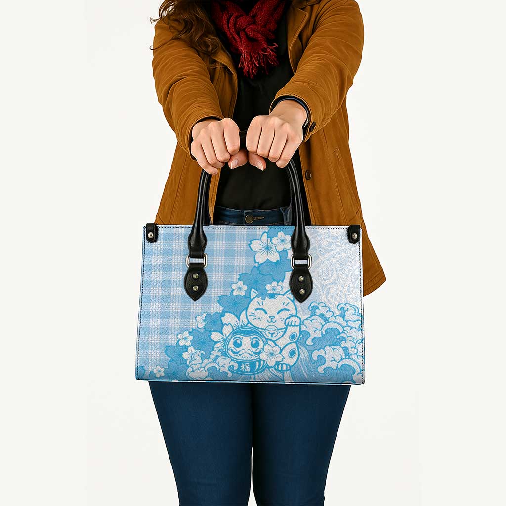 Blue Palaka Hawaiian And Japanese Leather Bag Maneki Neko And Sakura Bloom