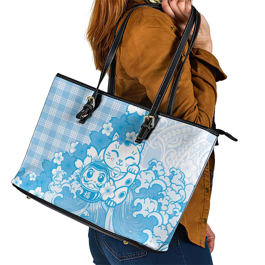 Blue Palaka Hawaiian And Japanese Leather Tote Bag Maneki Neko And Sakura Bloom
