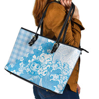 Blue Palaka Hawaiian And Japanese Leather Tote Bag Maneki Neko And Sakura Bloom