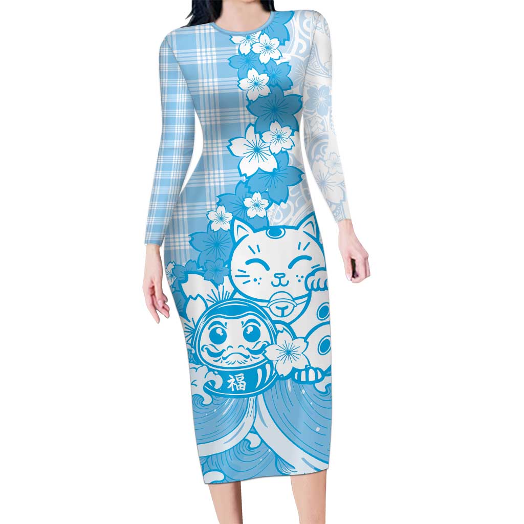 Blue Palaka Hawaiian And Japanese Long Sleeve Bodycon Dress Maneki Neko And Sakura Bloom DT05 Long Dress Blue - Polynesian Pride
