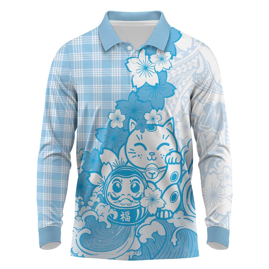 Blue Palaka Hawaiian And Japanese Long Sleeve Polo Shirt Maneki Neko And Sakura Bloom DT05 Blue - Polynesian Pride