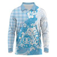 Blue Palaka Hawaiian And Japanese Long Sleeve Polo Shirt Maneki Neko And Sakura Bloom DT05 Blue - Polynesian Pride