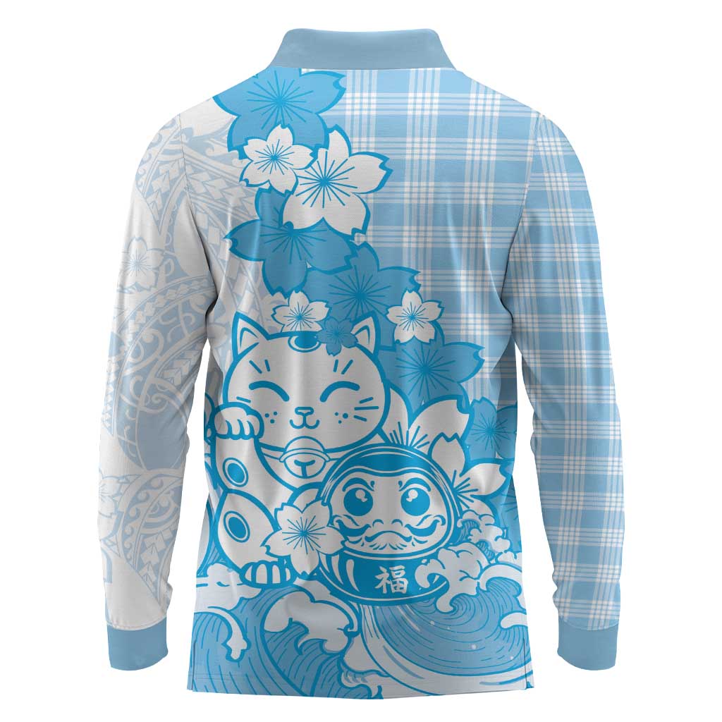 Blue Palaka Hawaiian And Japanese Long Sleeve Polo Shirt Maneki Neko And Sakura Bloom DT05 - Polynesian Pride